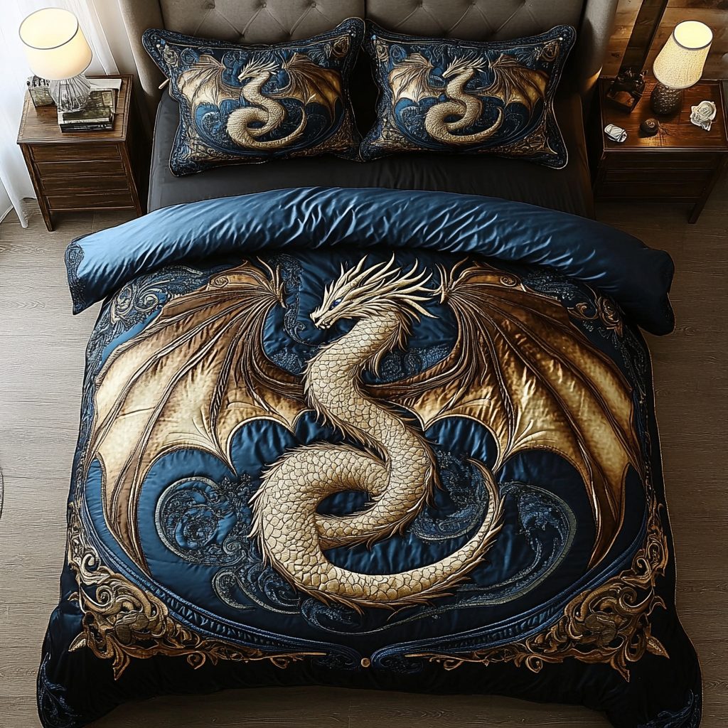 Dragon Wings quilted 3-piece bedding set on a made bed with two matching pillow shams