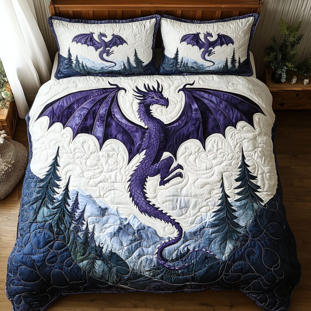 Dragon Winter Charm quilted 3-piece bedding set on a made bed in a winter-styled bedroom