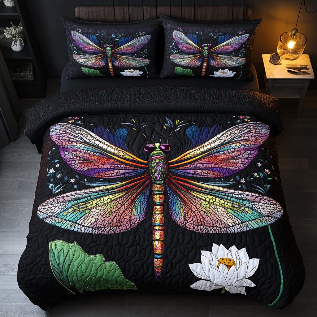 Dragonflight Dreams quilted 3-piece bedding set on a made bed with two matching pillow shams