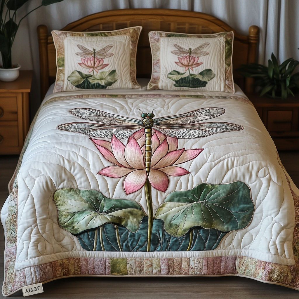 Dragonfly Bloom quilted 3-piece bedding set on a made bed with two matching pillow shams
