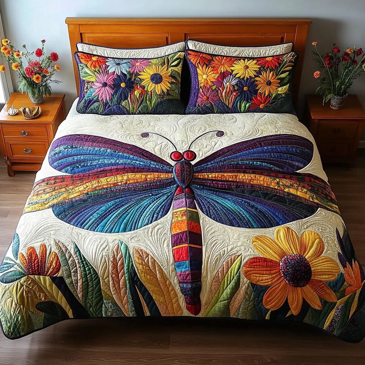 Dragonfly Calm quilted 3-piece bedding set on a made bed with two matching pillow shams