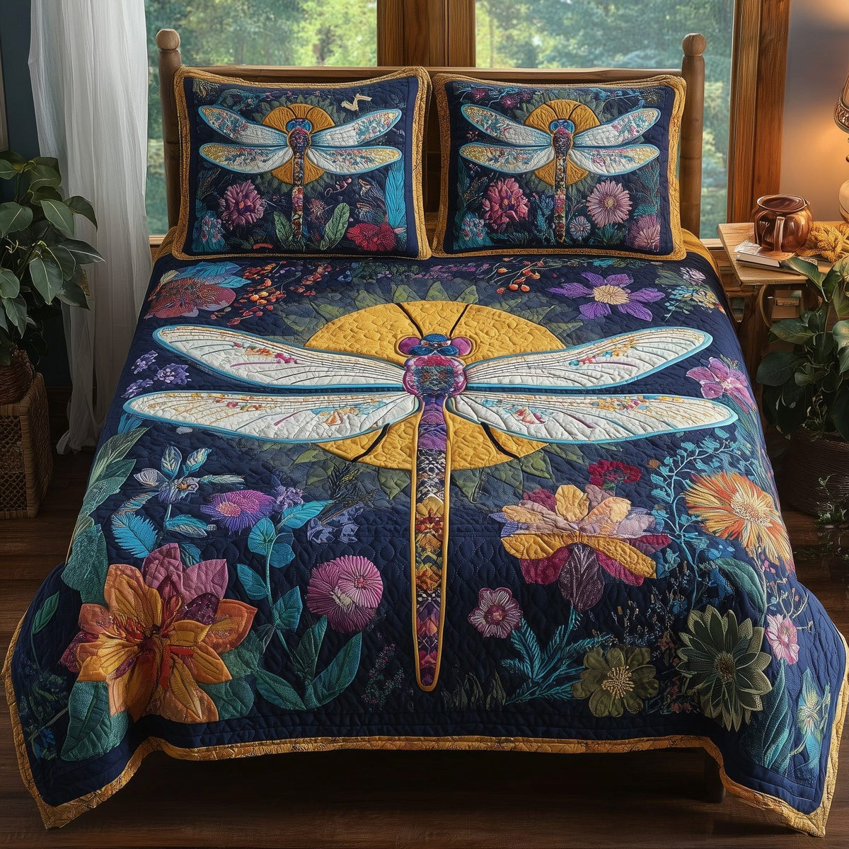 Dragonfly Charm quilted 3-piece bedding set on a made bed with two matching pillow shams
