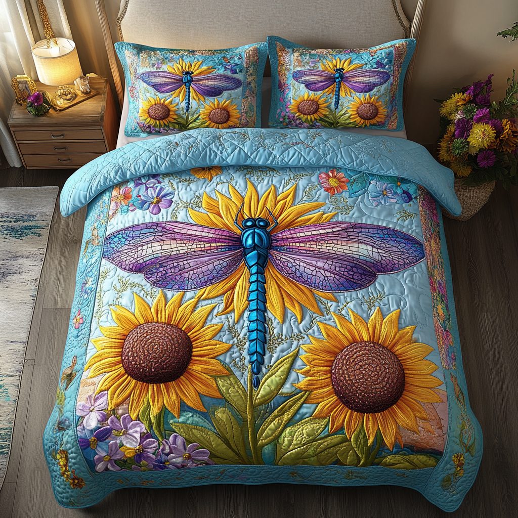 Dragonfly Charm quilted 3-piece bedding set on a made bed with two matching pillow shams