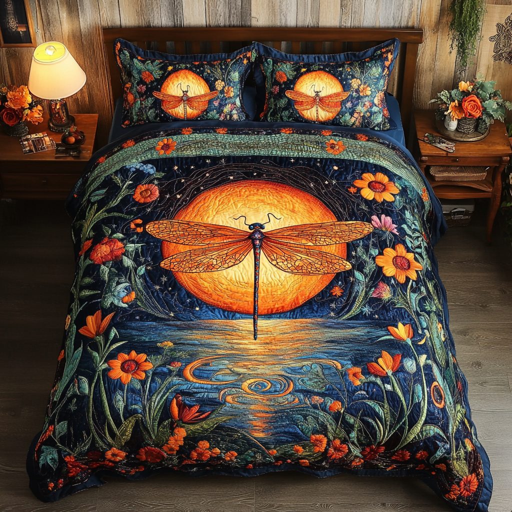 Dragonfly Dream quilted 3-piece bedding set on a made bed with two matching pillow shams