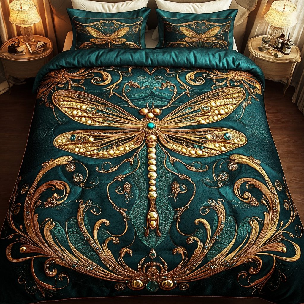 Dragonfly Dream quilted 3-piece bedding set on a made bed with two matching pillow shams