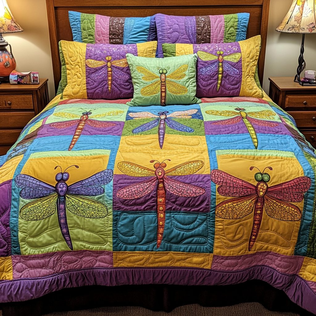Dragonfly Dream quilted 3-piece bedding set on a made bed with two matching pillow shams