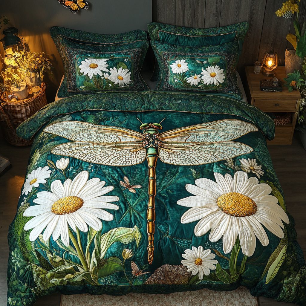 Dragonfly Dreams quilted 3-piece bedding set on a made bed with two matching pillow shams