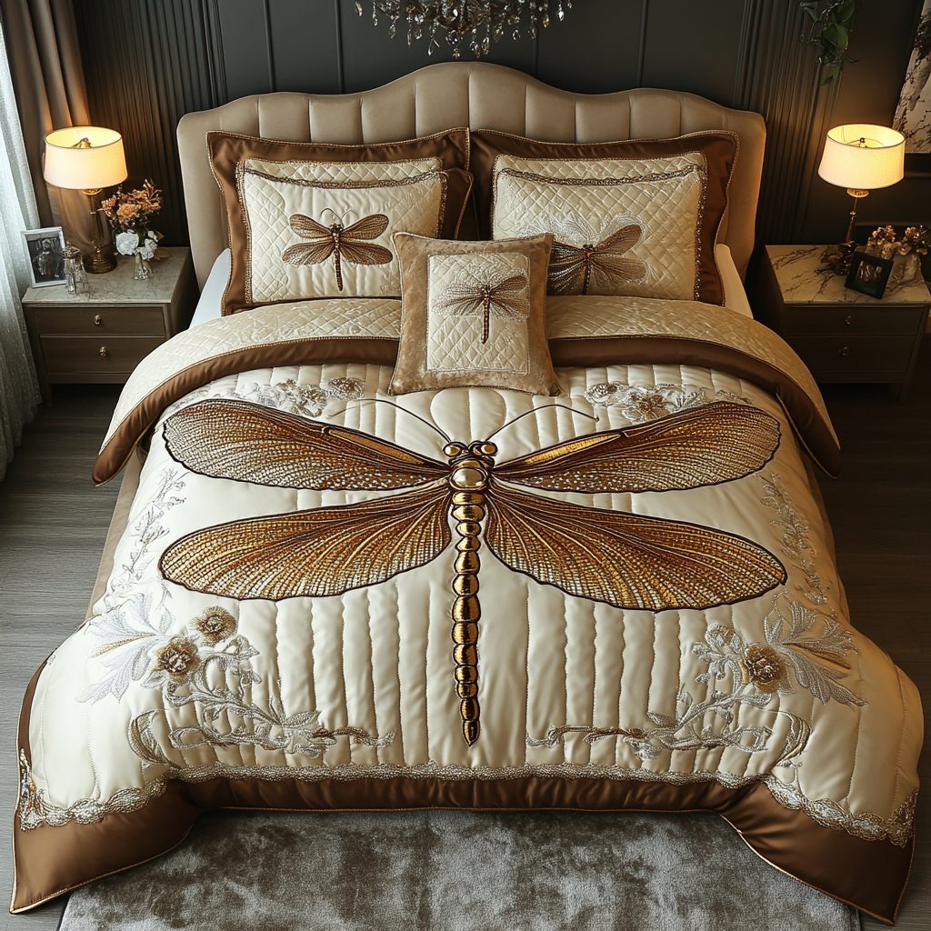 Dragonfly Garden quilted 3-piece bedding set on a made bed with two matching pillow shams