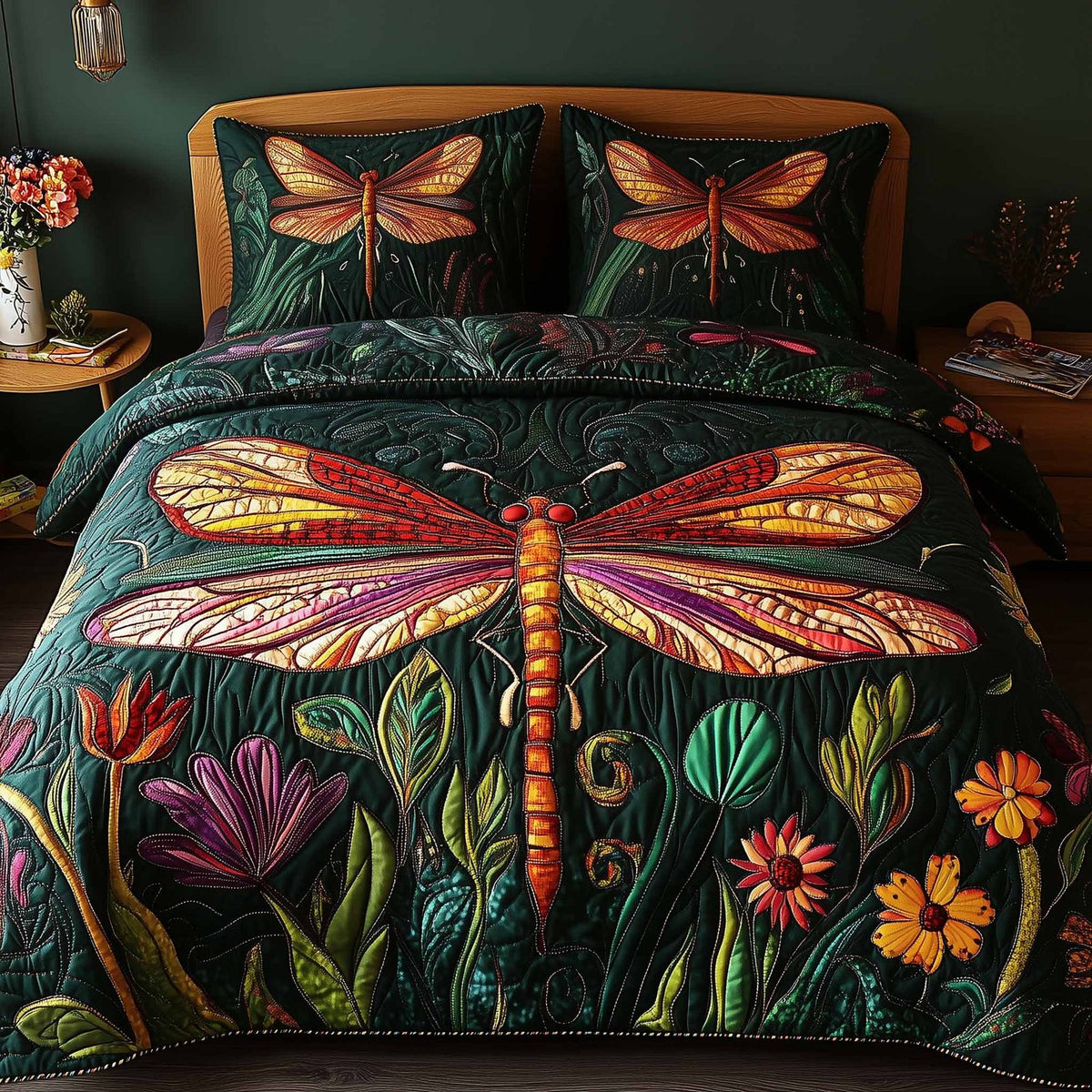 Dragonfly Glow quilted 3-piece bedding set on a made bed with two matching pillow shams