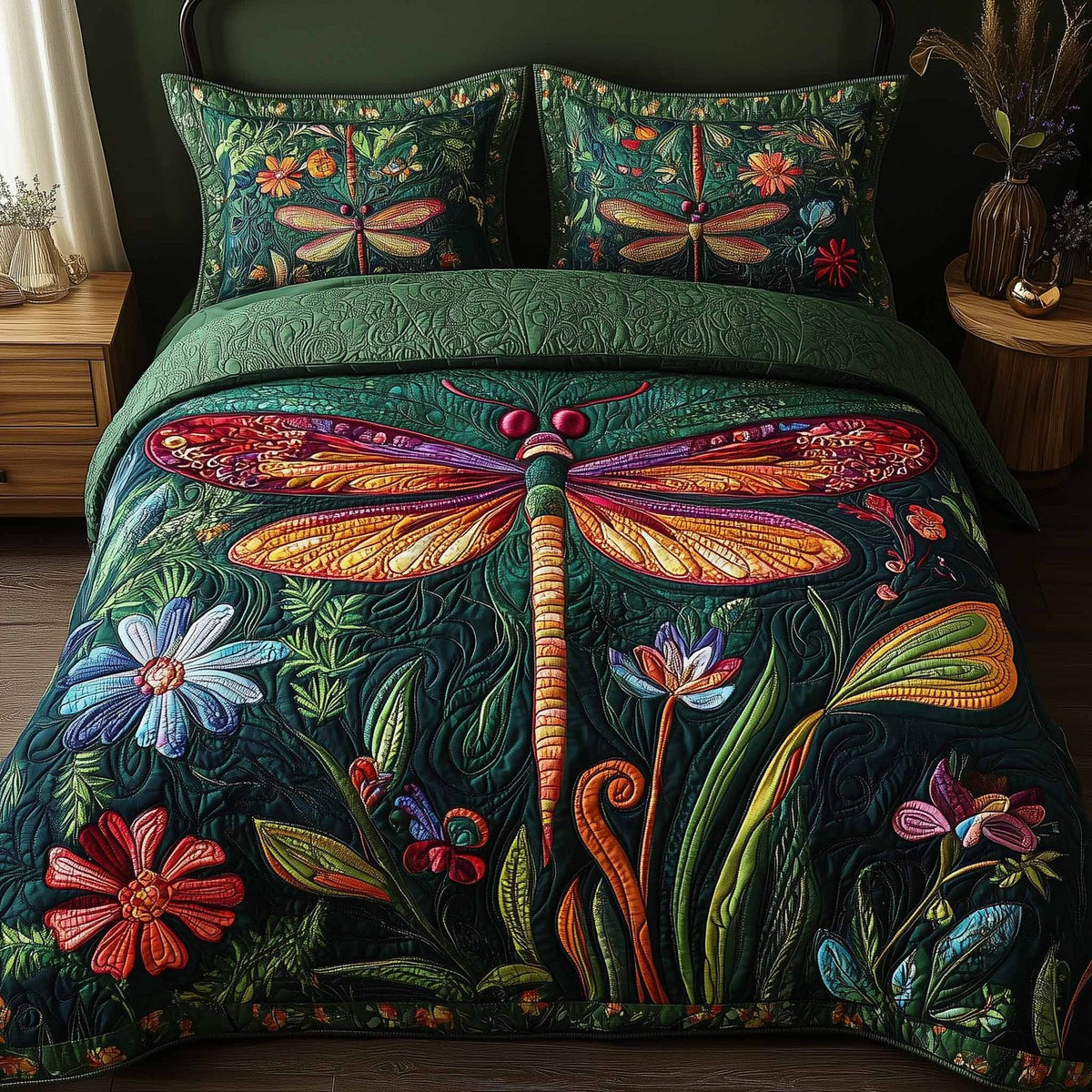 Dragonfly Glow quilted 3-piece bedding set on a made bed with two matching pillow shams