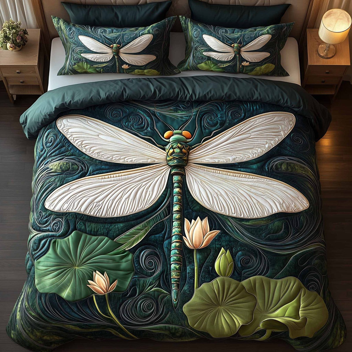 Dragonfly Glow quilted 3-piece bedding set on a made bed with two matching pillow shams