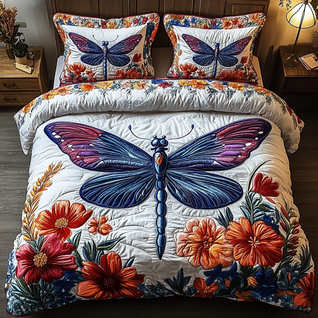 Dragonfly Grace quilted 3-piece bedding set on a made bed with two matching pillow shams