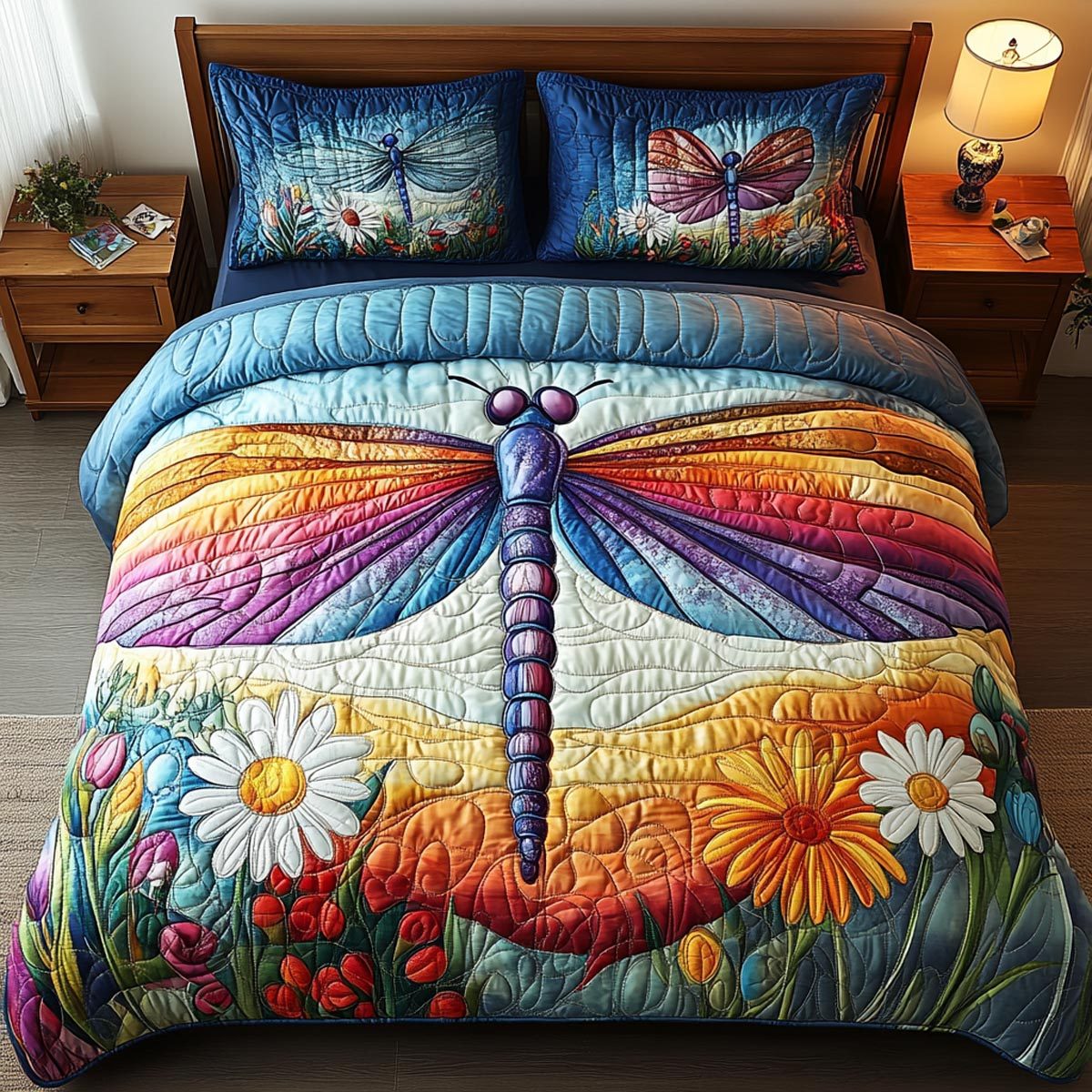 Dragonfly Haven quilted 3-piece bedding set on a made bed with two matching pillow shams