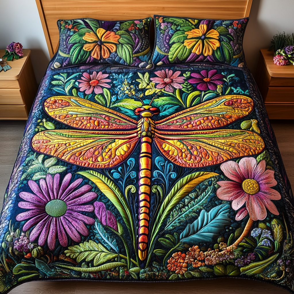 Dragonfly Haven quilted 3-piece bedding set on a made bed with two matching pillow shams