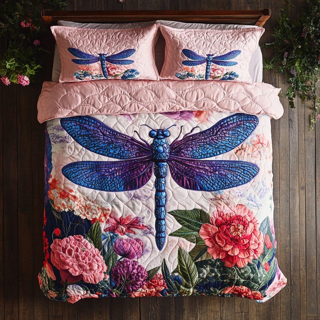 Dragonfly Magic quilted 3-piece bedding set on a made bed with two matching pillow shams