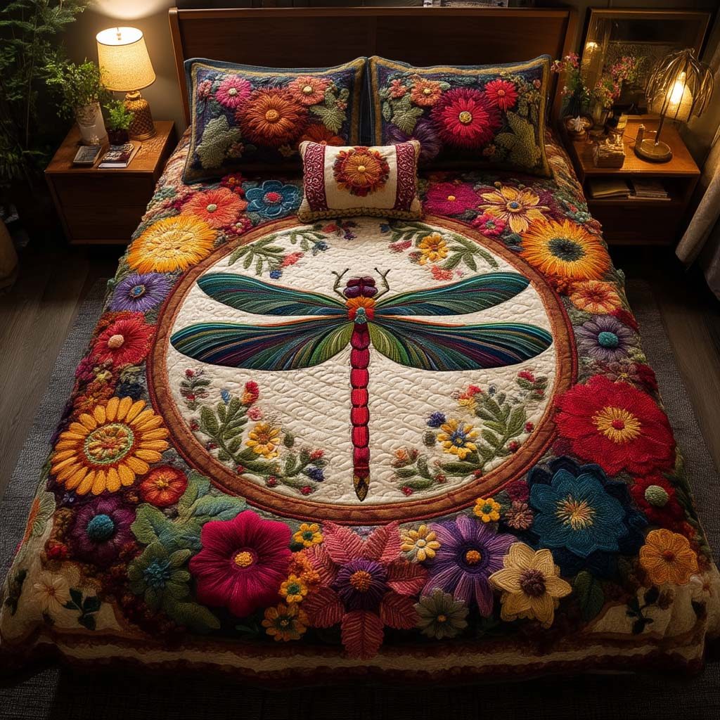 Dragonfly Mirage quilted 3-piece bedding set on a made bed with two matching pillow shams