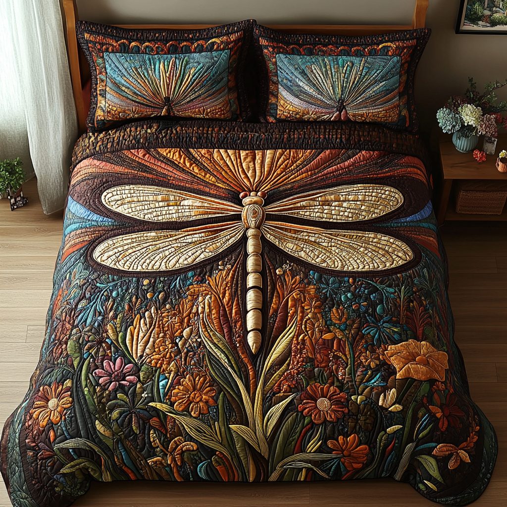 Dragonfly Serenade quilted 3-piece bedding set on a made bed with two matching pillow shams