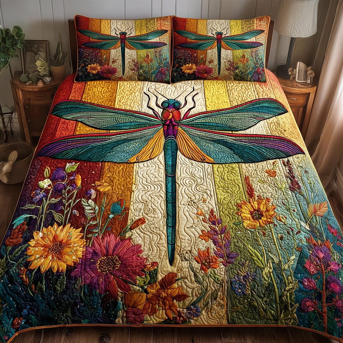 Dragonfly Serenity quilted 3-piece bedding set on a made bed with two matching pillow shams