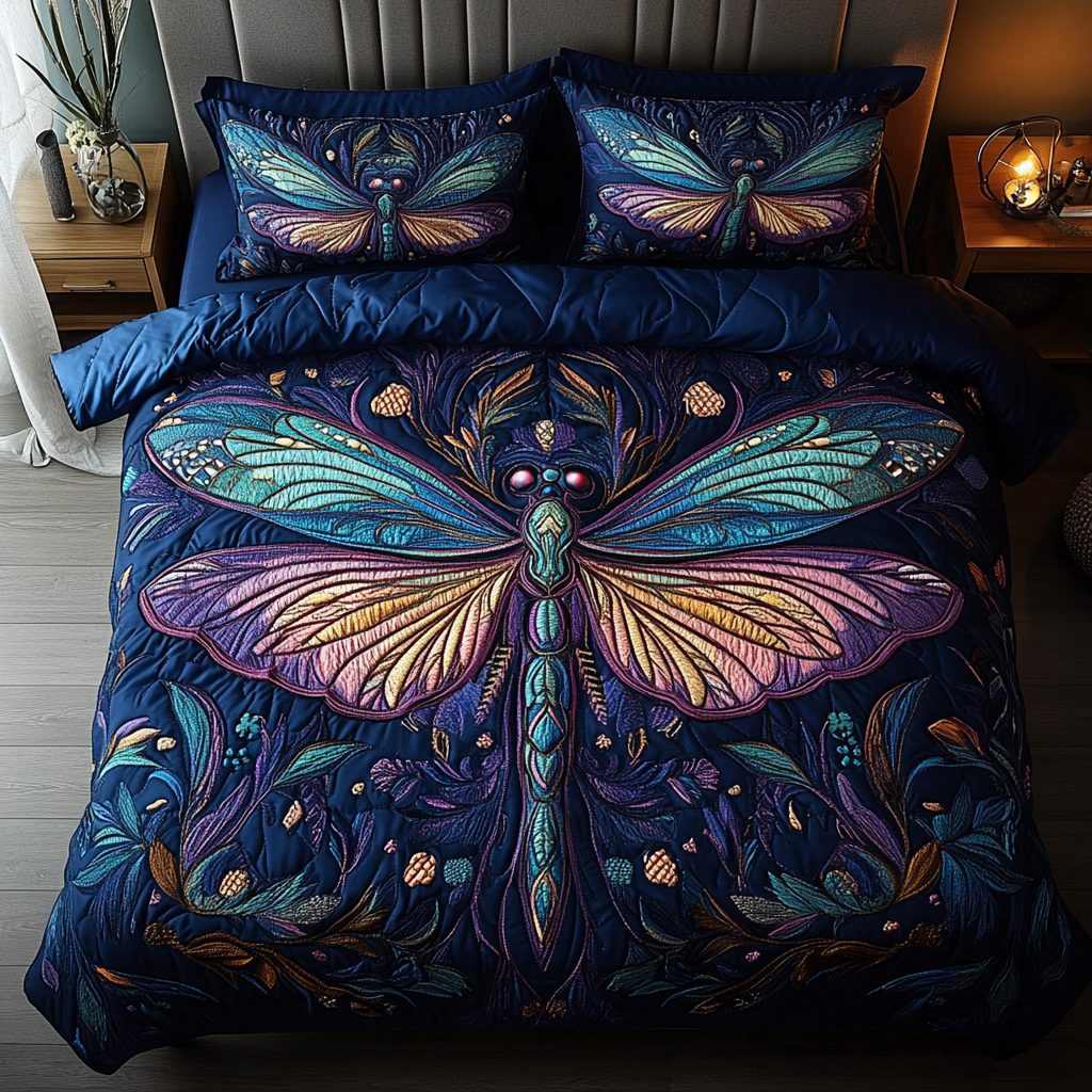 Dragonfly Whispers quilted 3-piece bedding set on a made bed with two matching pillow shams