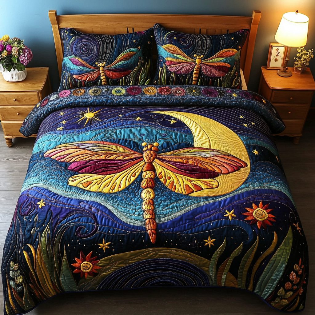 Dragonfly Wings quilted 3-piece bedding set on a made bed with two matching pillow shams