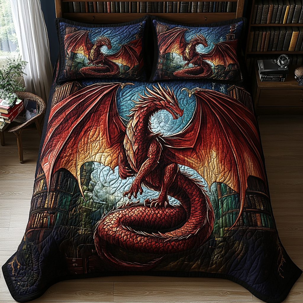 Dragonheart quilted 3-piece bedding set on a made bed with two matching pillow shams