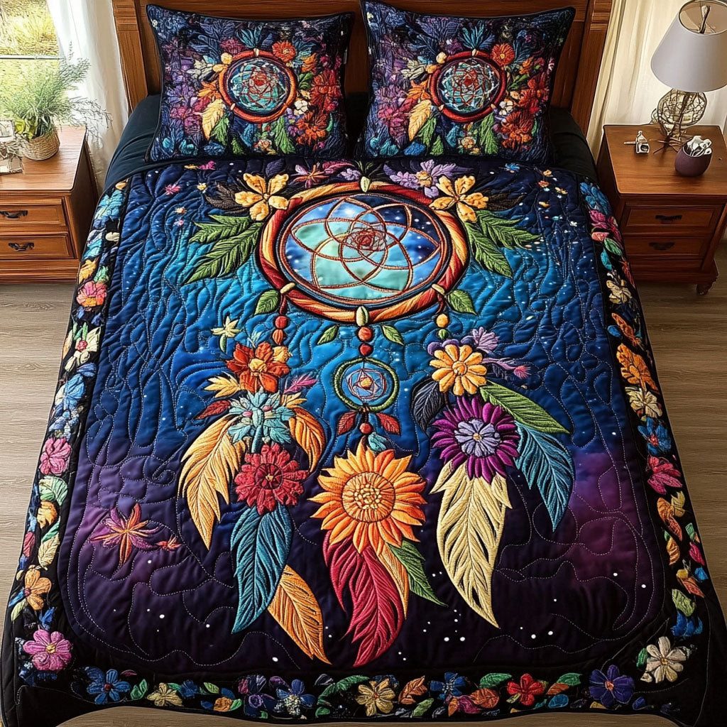 Dream Shield quilted 3-piece bedding set on a made bed with two matching pillow shams