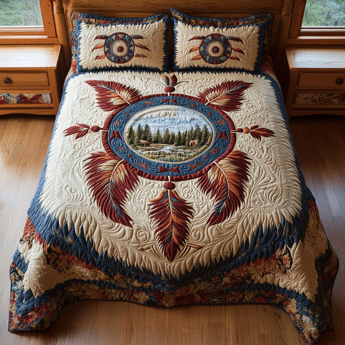 Dream Spinner quilted 3-piece bedding set on a made bed with two matching pillow shams