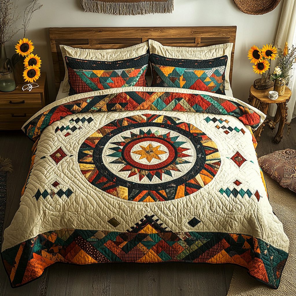 Dream Stars quilted 3-piece bedding set on a made bed with two matching pillow shams