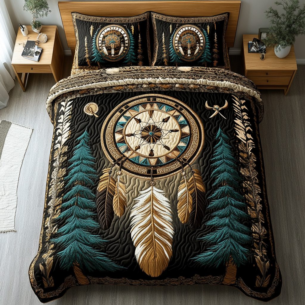 Dreamcatcher Essence quilted 3-piece bedding set on a made bed with two matching pillow shams