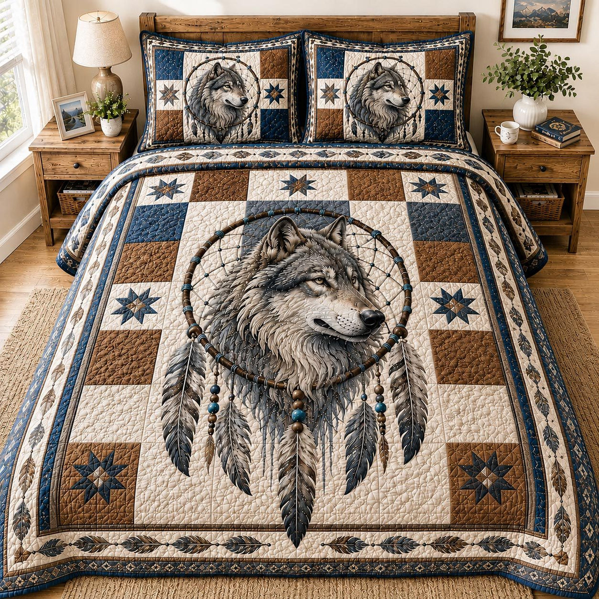 Dreamcatcher Guardian quilted 3-piece bedding set on a made bed with two matching pillow shams
