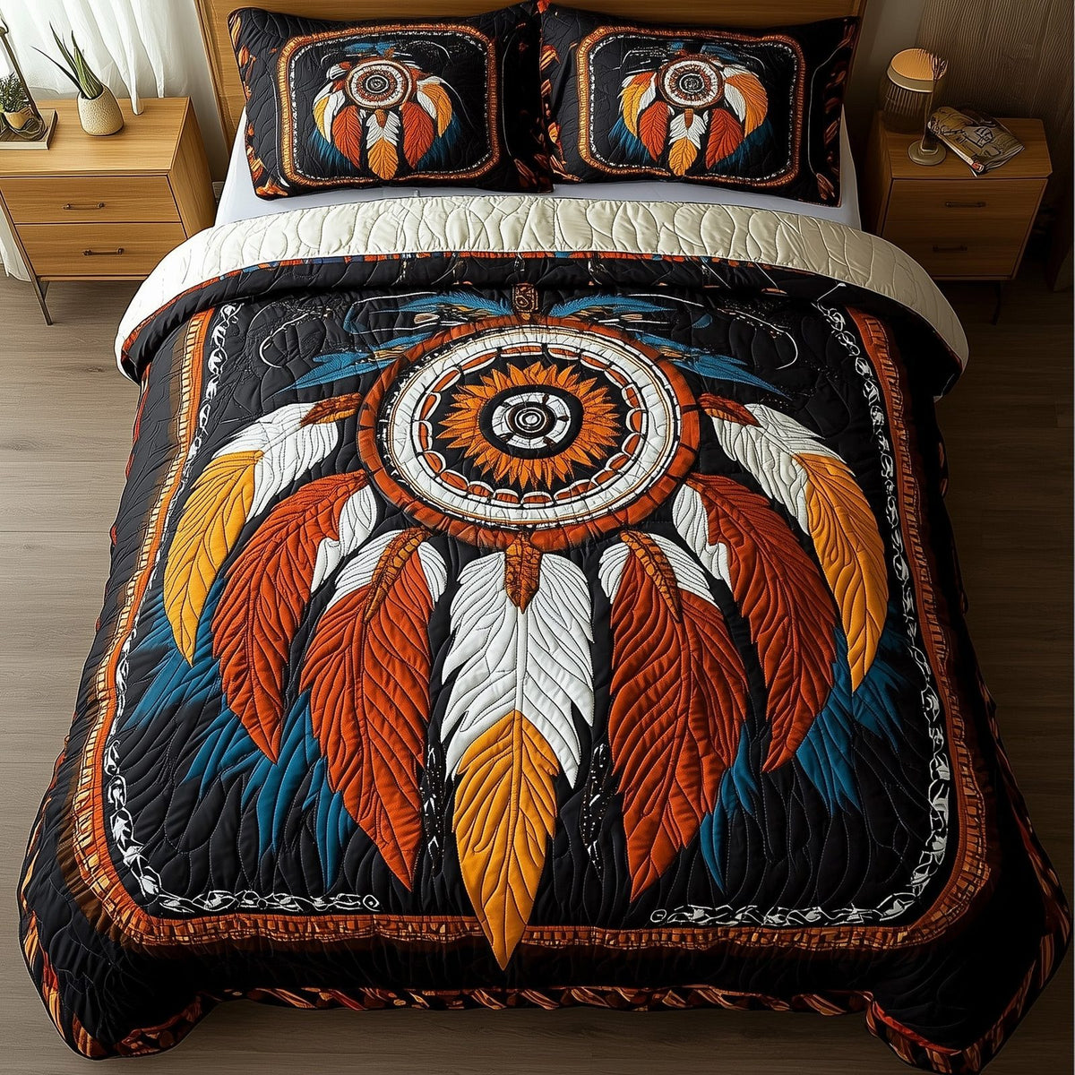 Dreamcatcher quilted 3-piece bedding set on a made bed with two matching pillow shams
