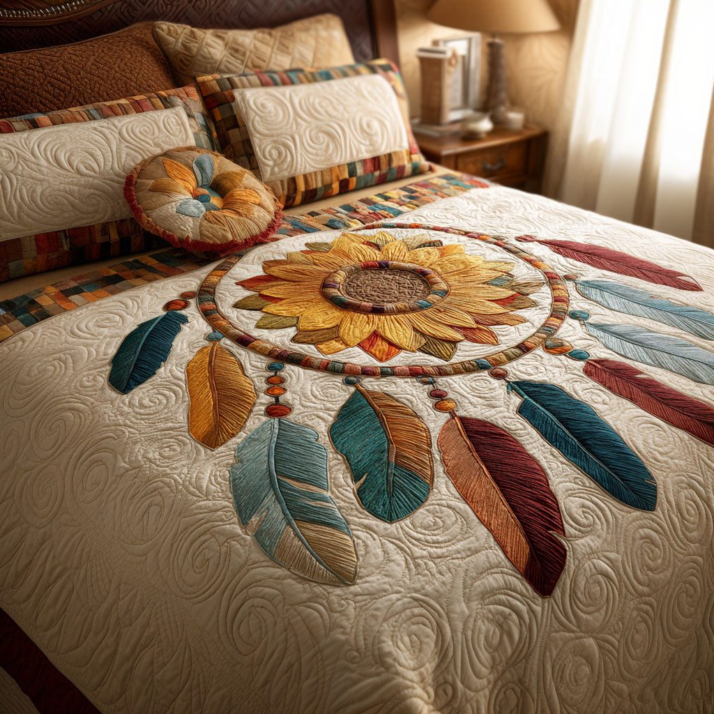 Dreamcatcher Tree quilted 3-piece bedding set on a made bed with two matching pillow shams