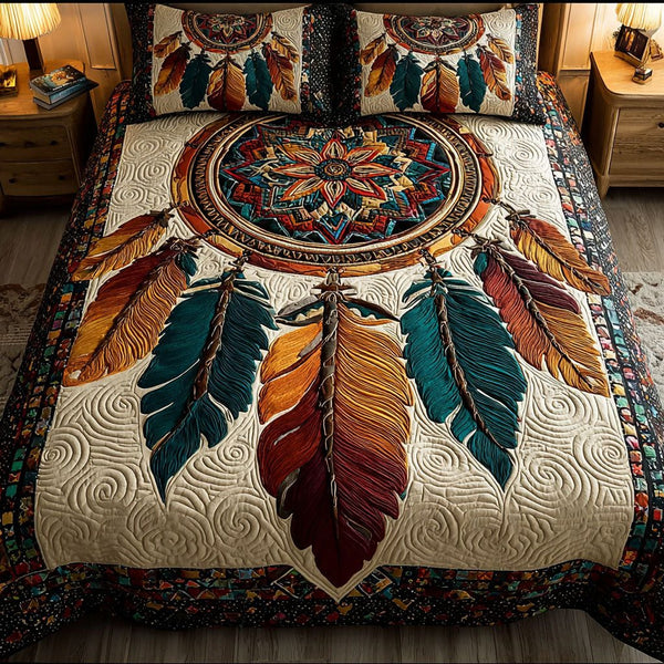 Dreamcatcher Whisper quilted 3-piece bedding set on a made bed with two matching pillow shams