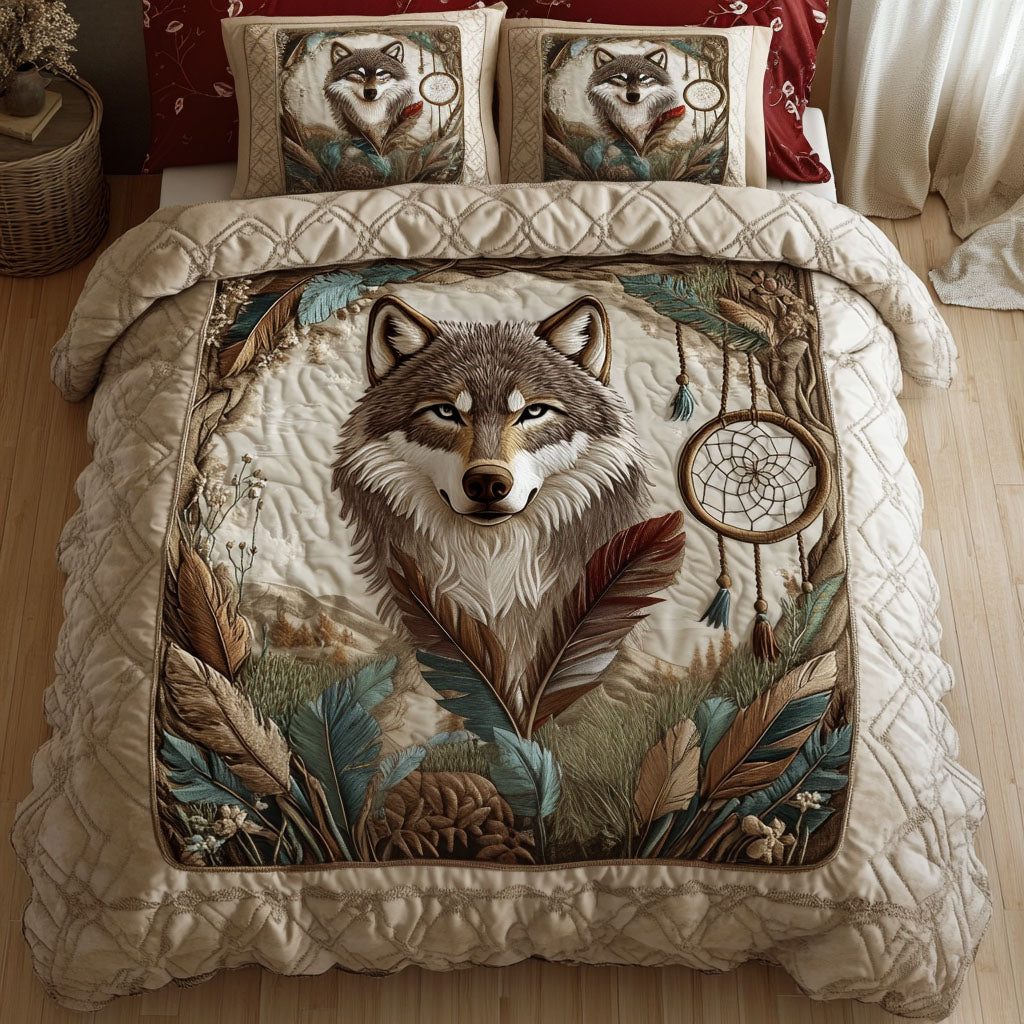 Dreamcatcher Wolf quilted 3-piece bedding set on a made bed with two matching pillow shams