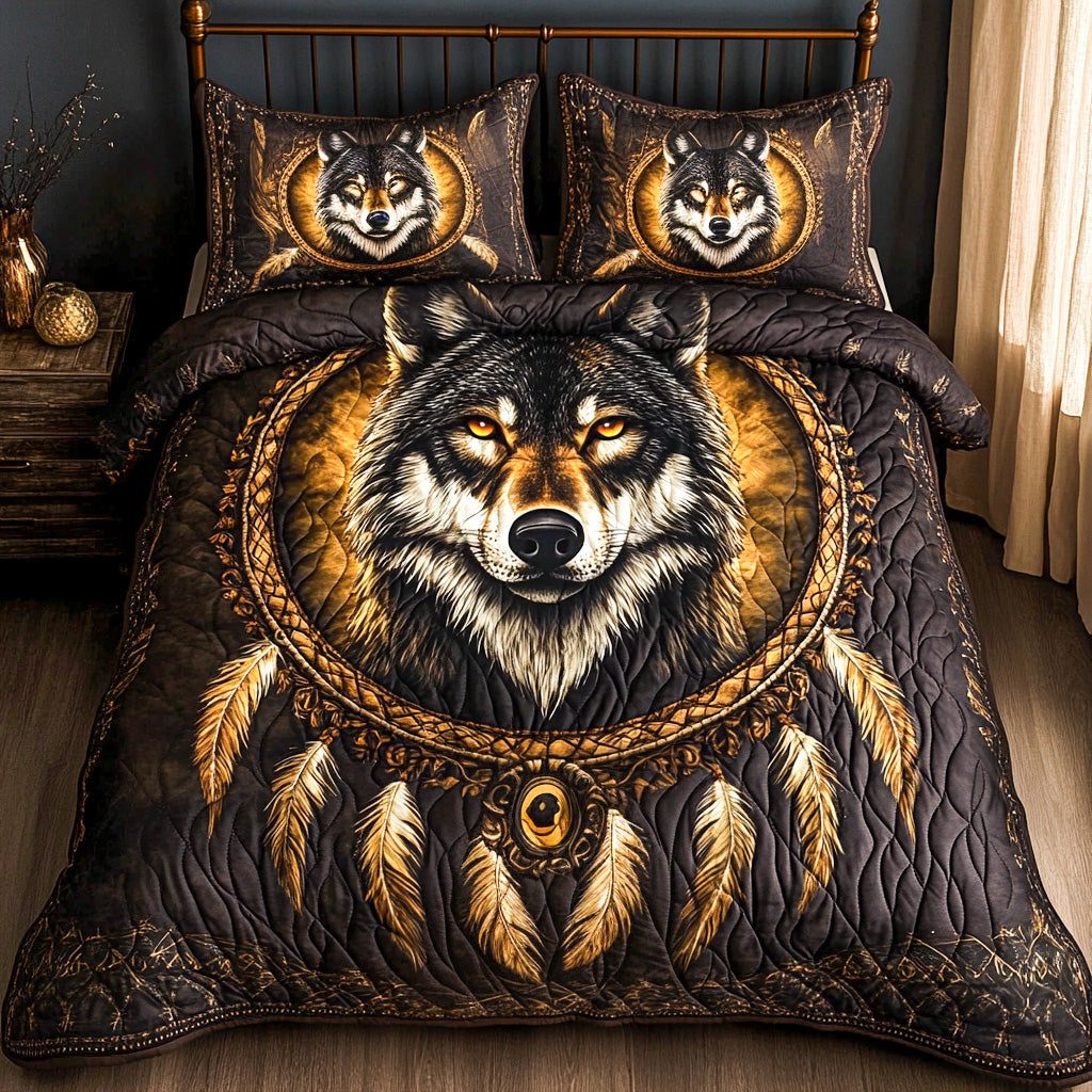 Dreamcatcher Wolf quilted 3-piece bedding set on a made bed with two matching pillow shams