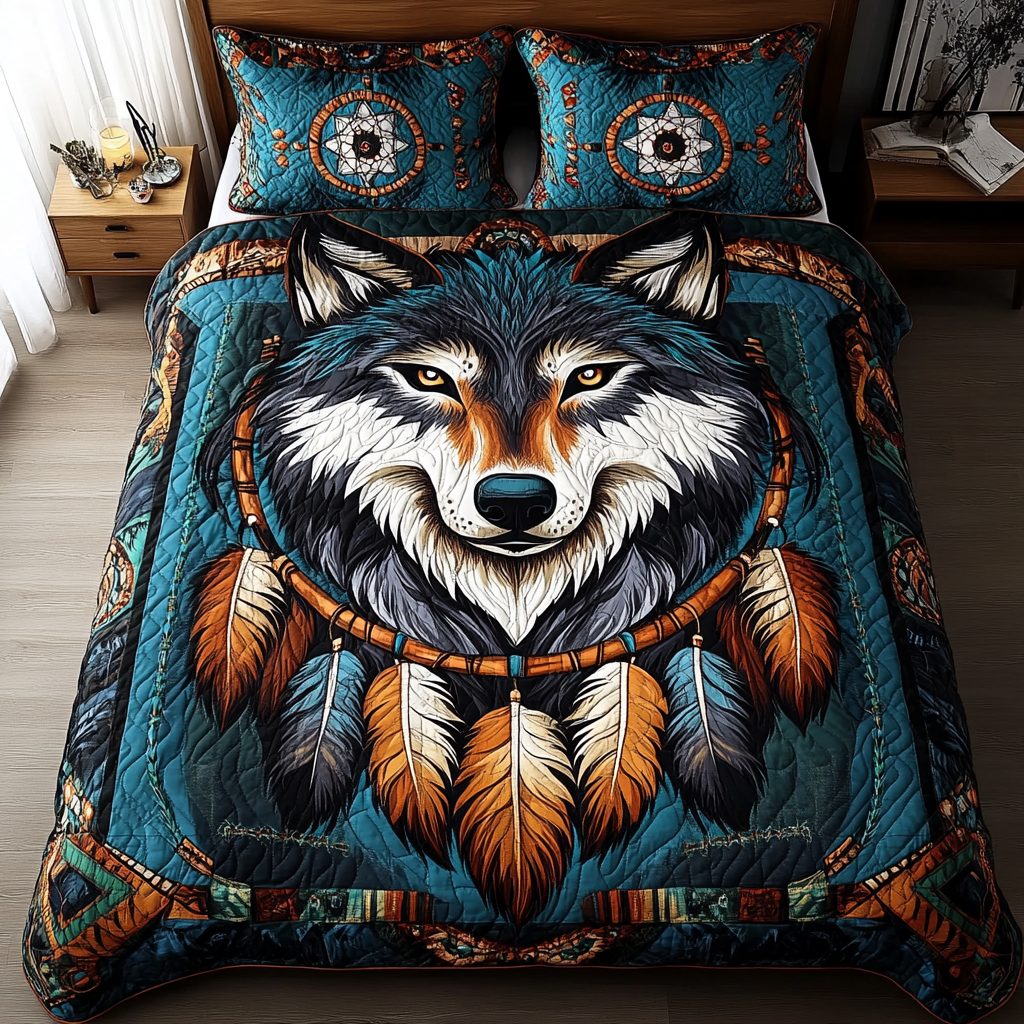 Dreamcatcher Wolf quilted 3-piece bedding set on a made bed with two matching pillow shams