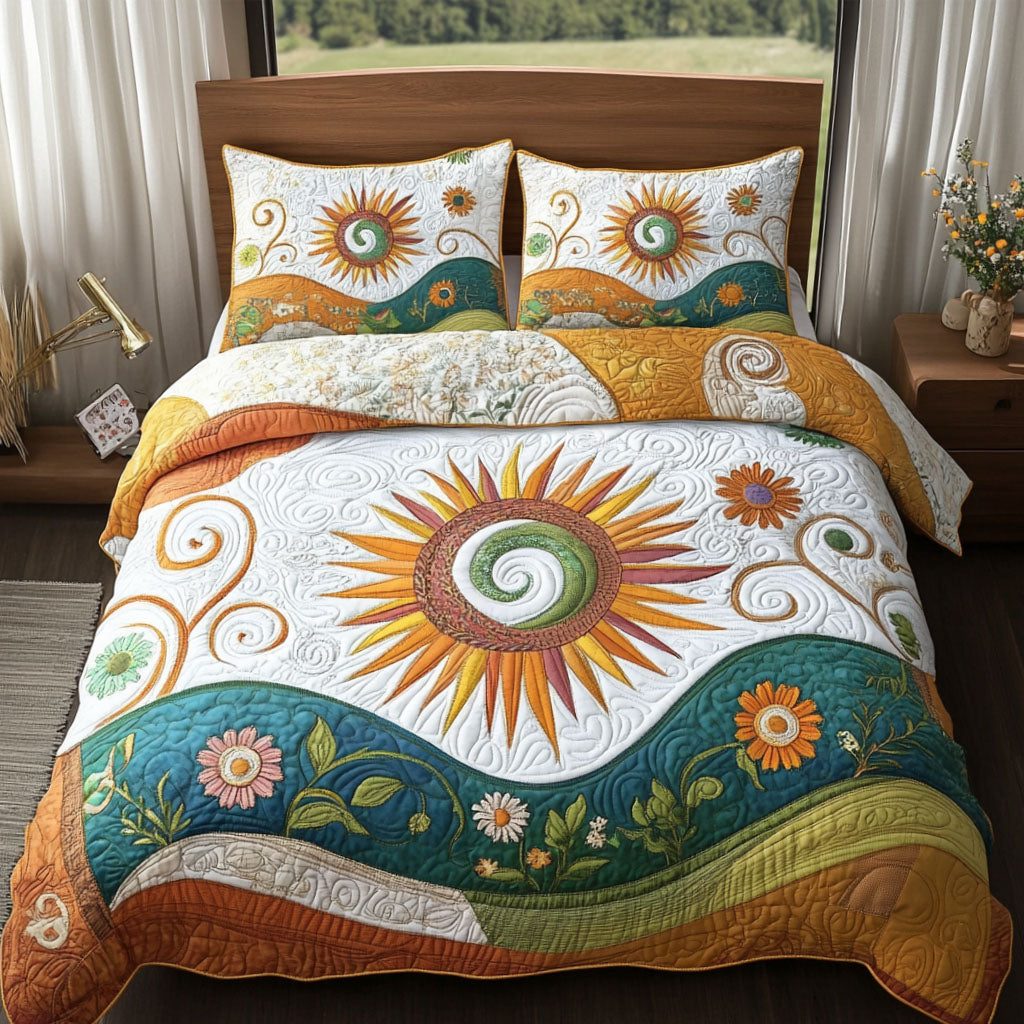 Dreamfield Glow quilted 3-piece bedding set on a made bed with two matching pillow shams