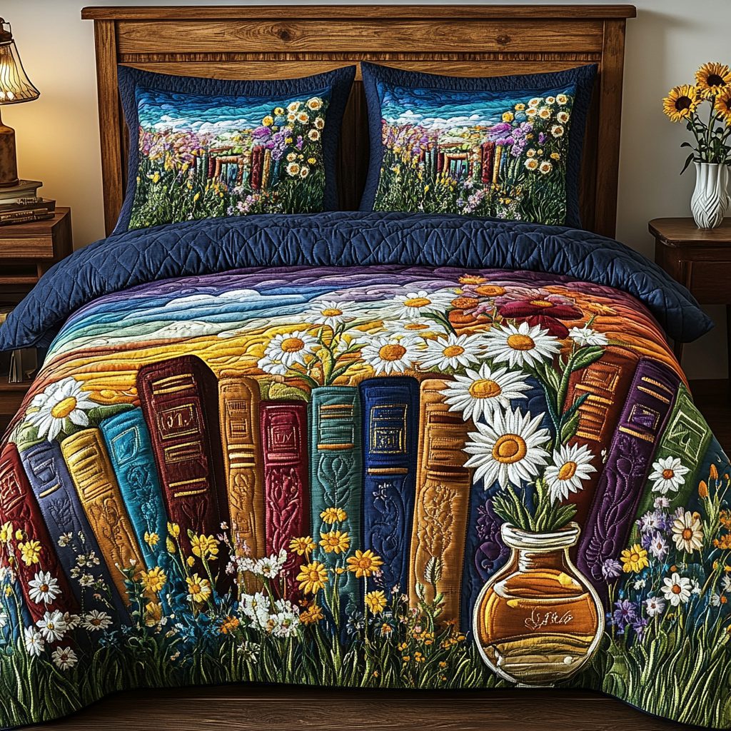Dreaming in Pages quilted 3-piece bedding set on a made bed with two matching pillow shams