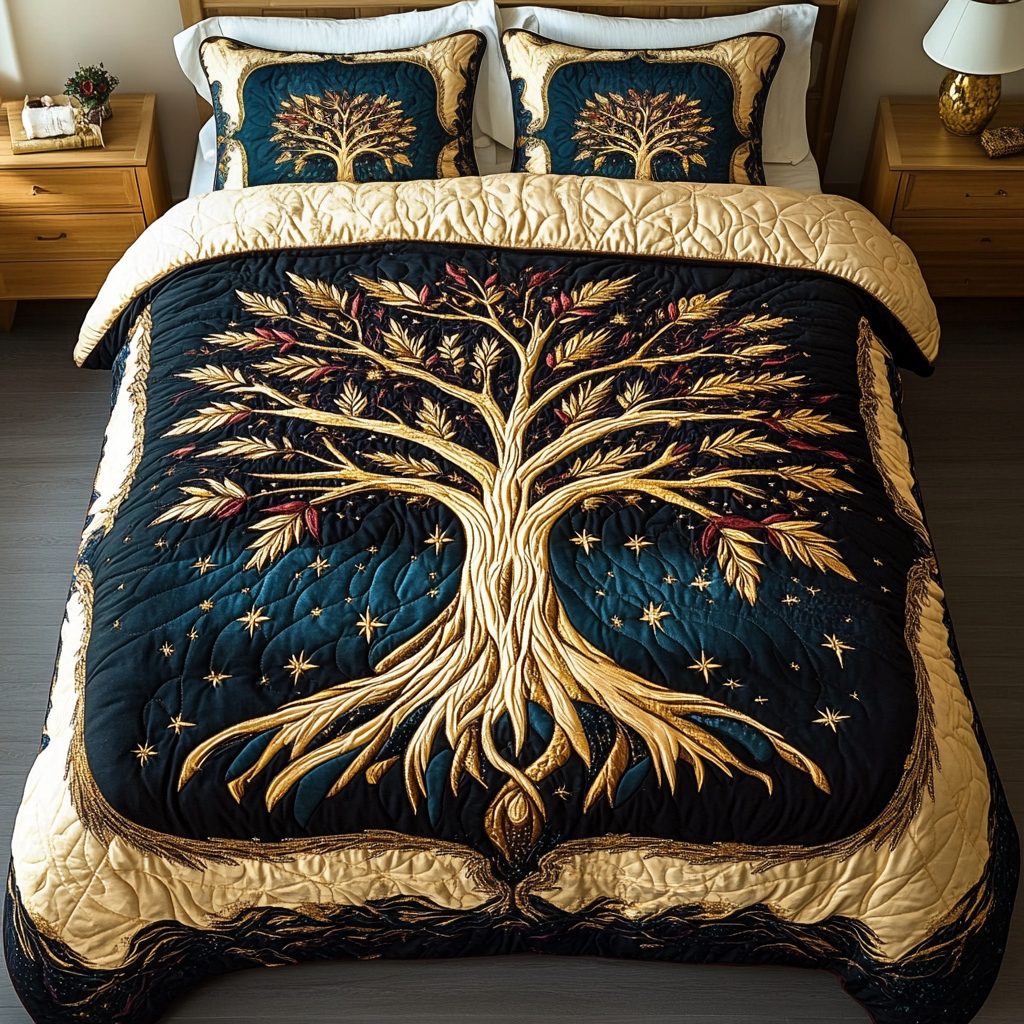 Dreaming Tree quilted 3-piece bedding set on a made bed with two matching pillow shams