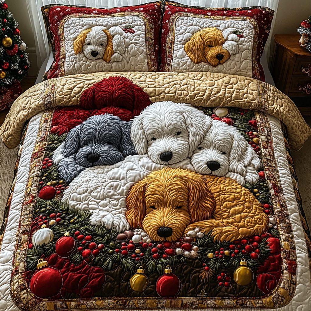 Dreaming Under the Tree quilted 3-piece bedding set on a made bed with two matching pillow shams