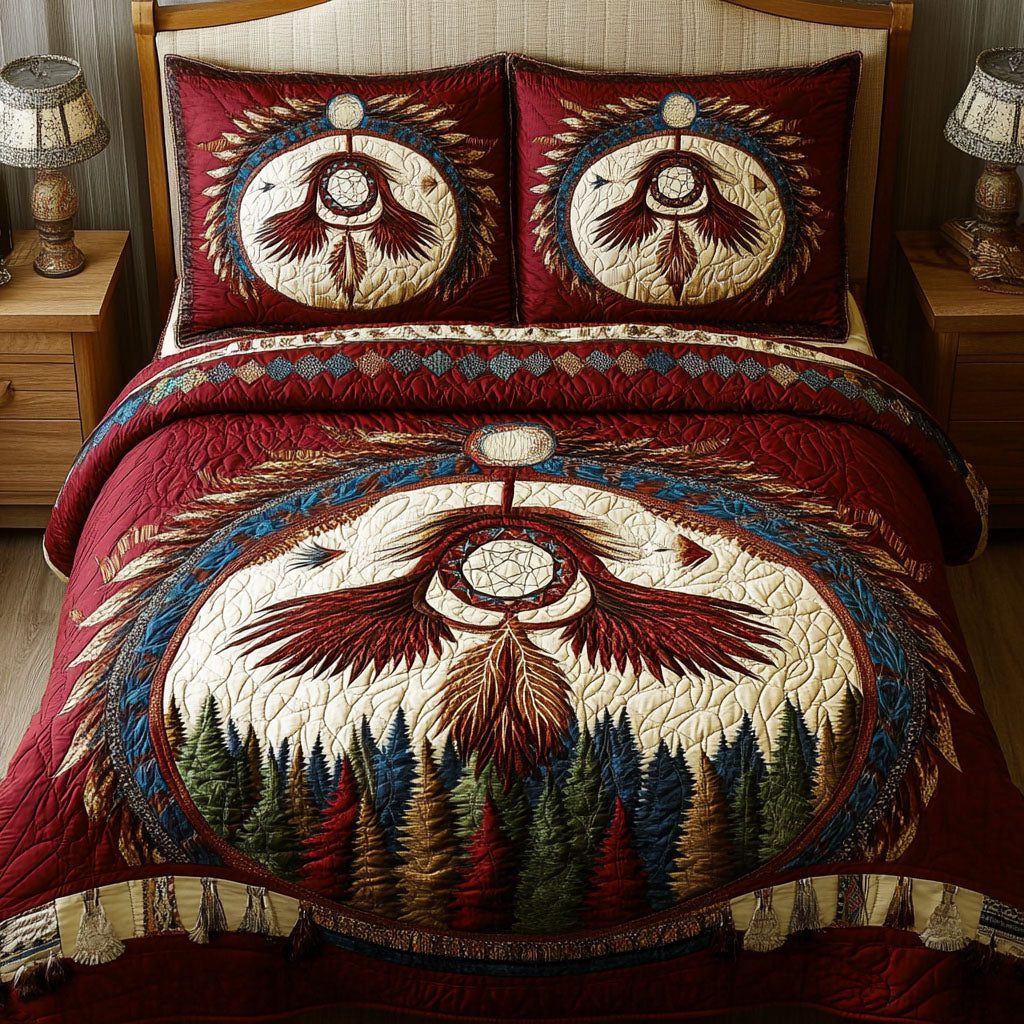 Dreamwoven Path quilted 3-piece bedding set on a made bed with two matching pillow shams