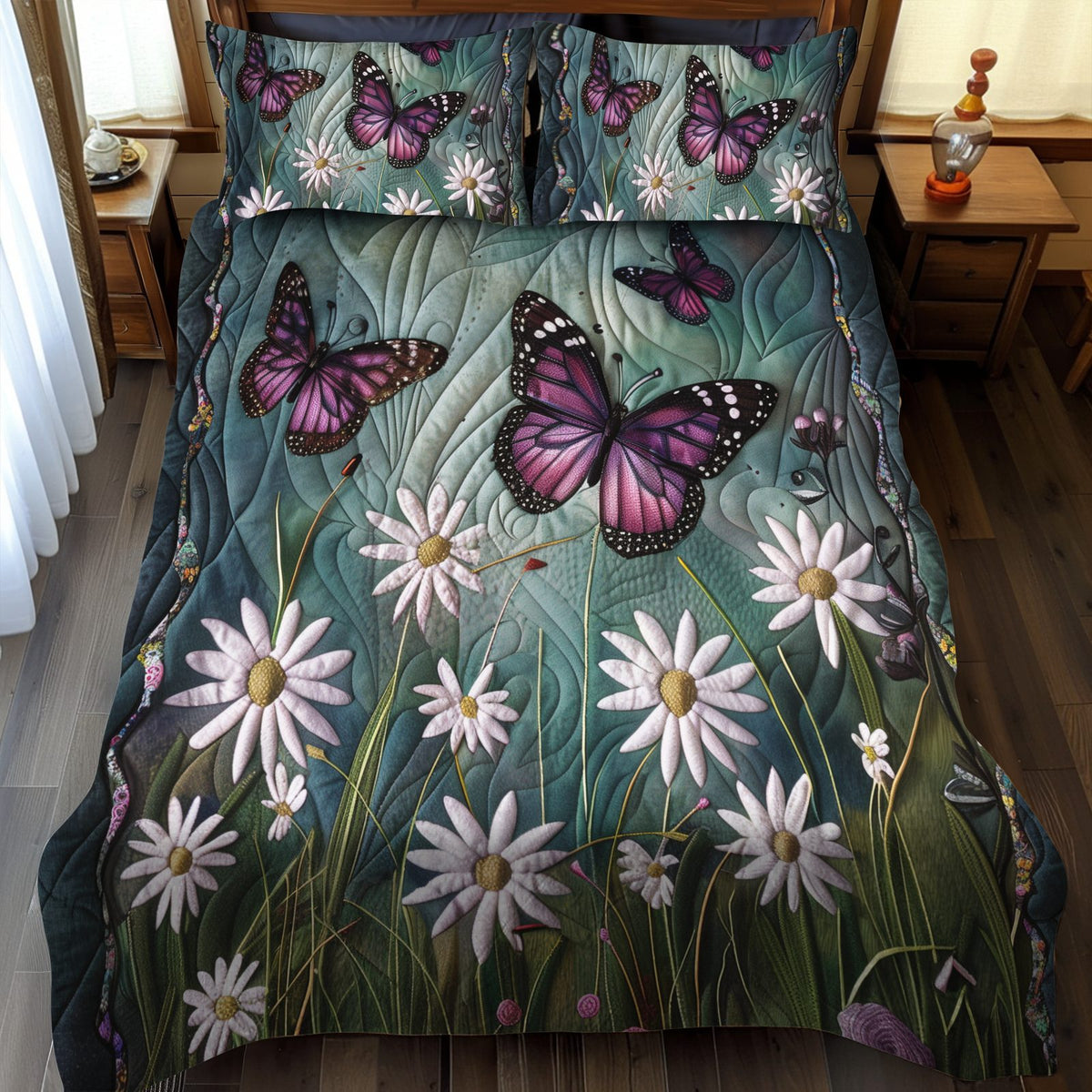 Dreamy Butterflies quilted 3-piece bedding set on a made bed with two matching pillow shams