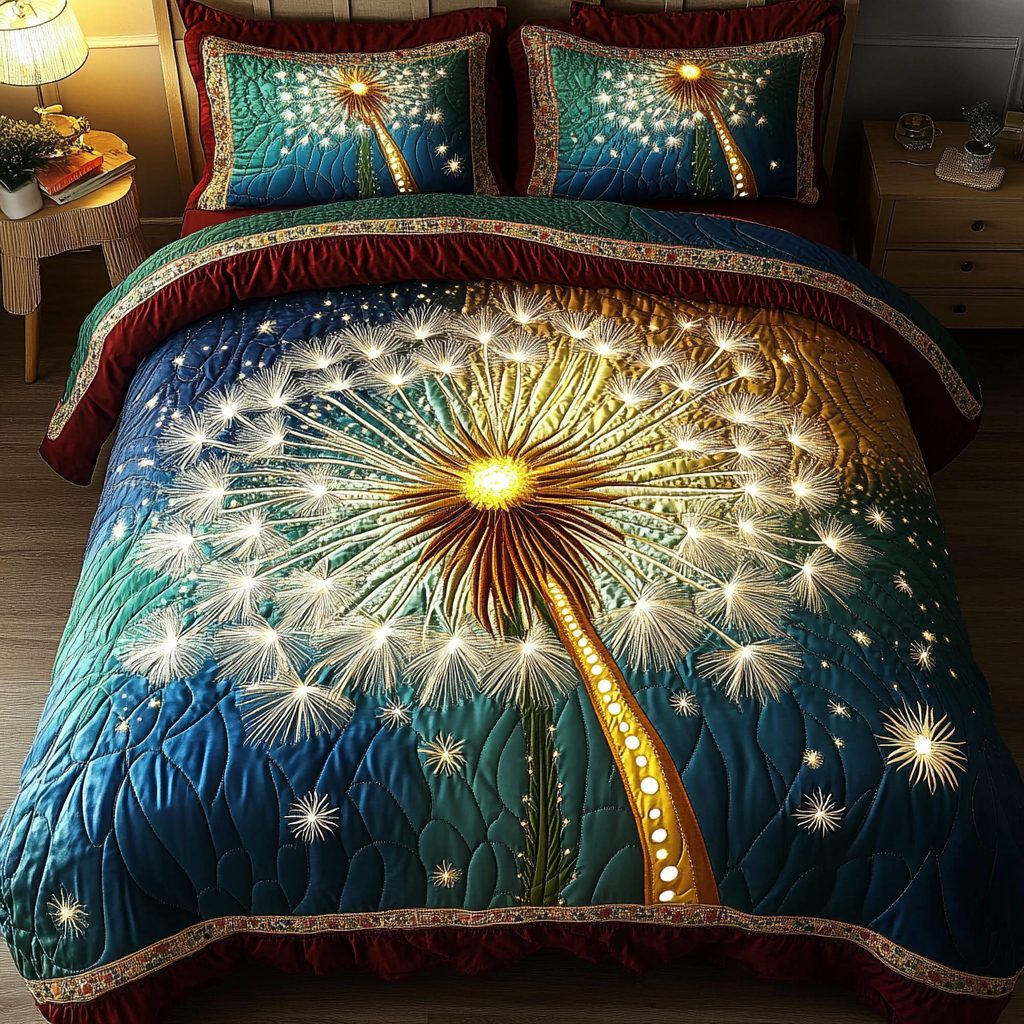 Dreamy Dandelions quilted 3-piece bedding set on a made bed with two matching pillow shams