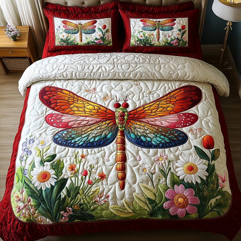 Dreamy Dragonfly quilted 3-piece bedding set on a made bed with two matching pillow shams