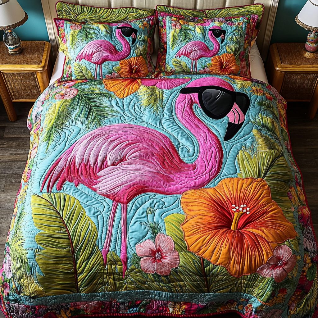 Dreamy Flamingo quilted 3-piece bedding set on a made bed with two matching pillow shams