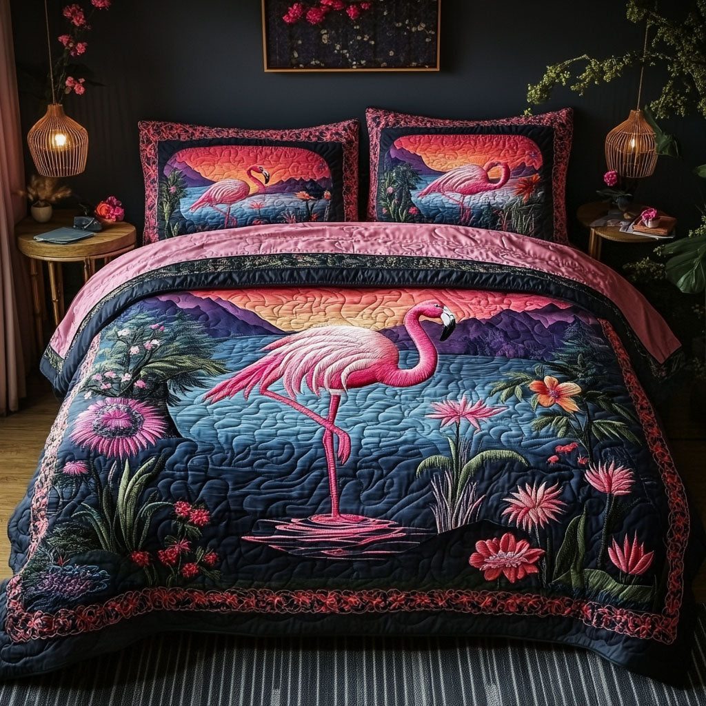 Dreamy Flamingo quilted 3-piece bedding set on a made bed with two matching pillow shams