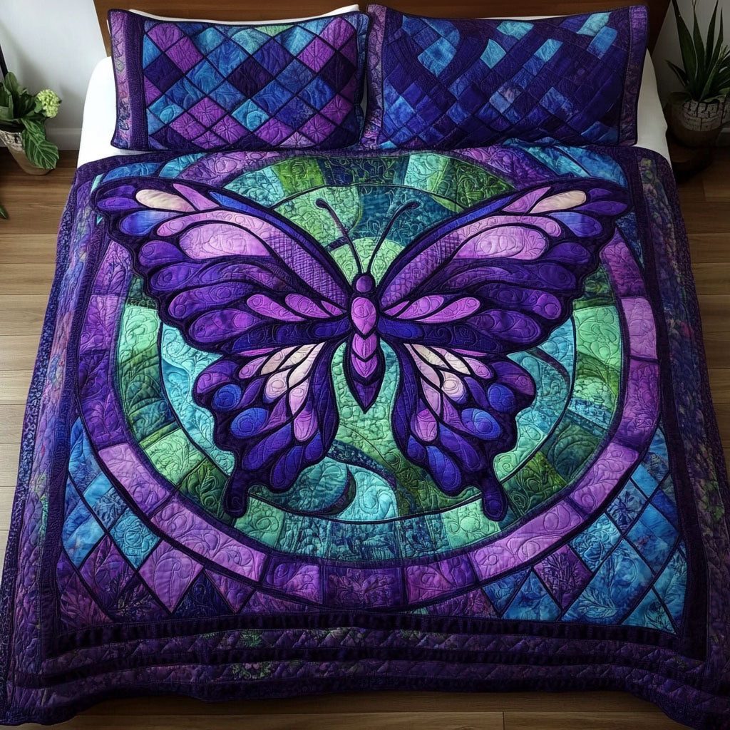 Dreamy Flight quilted 3-piece bedding set on a made bed with two matching pillow shams