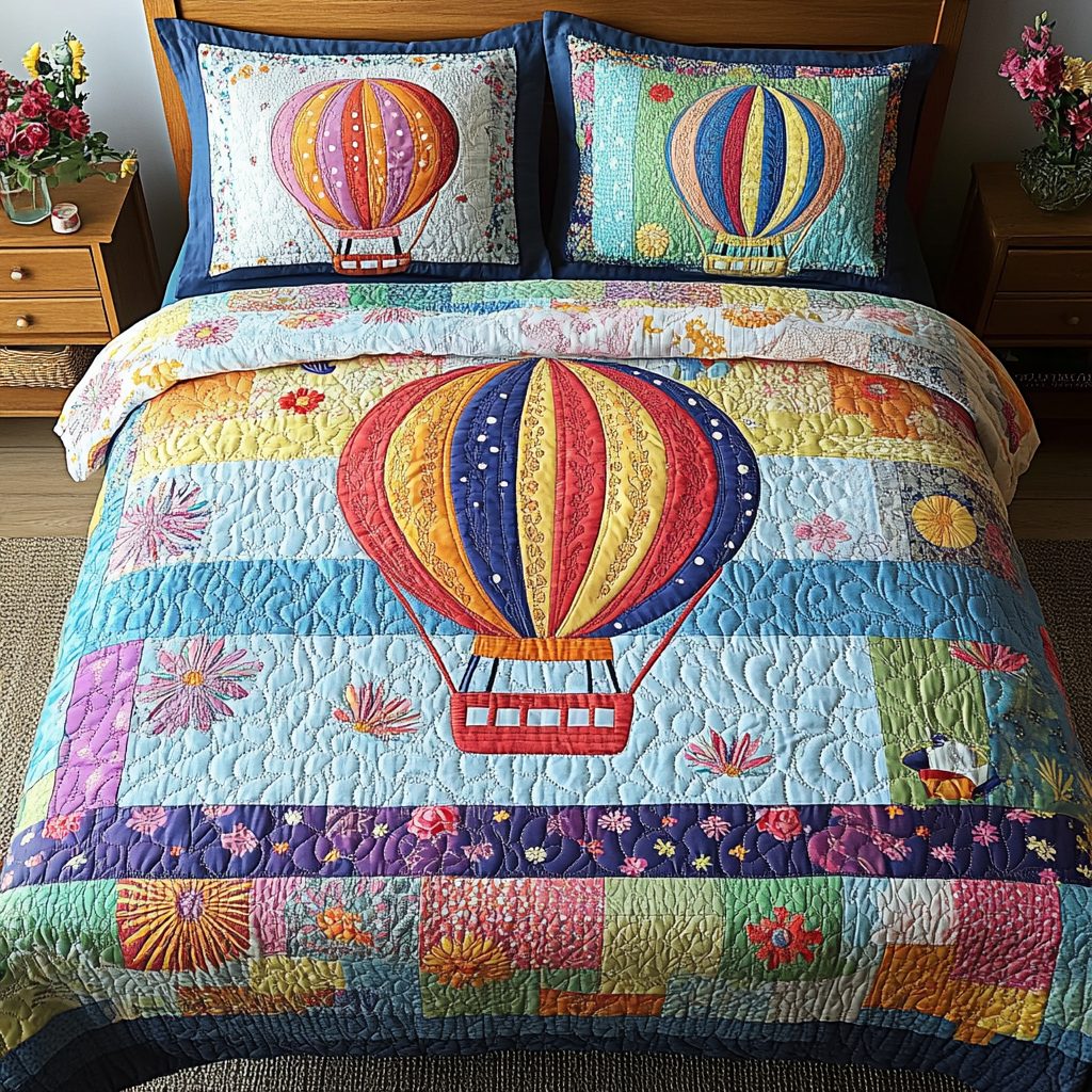 Dreamy Flight quilted 3-piece bedding set on a made bed with two matching pillow shams