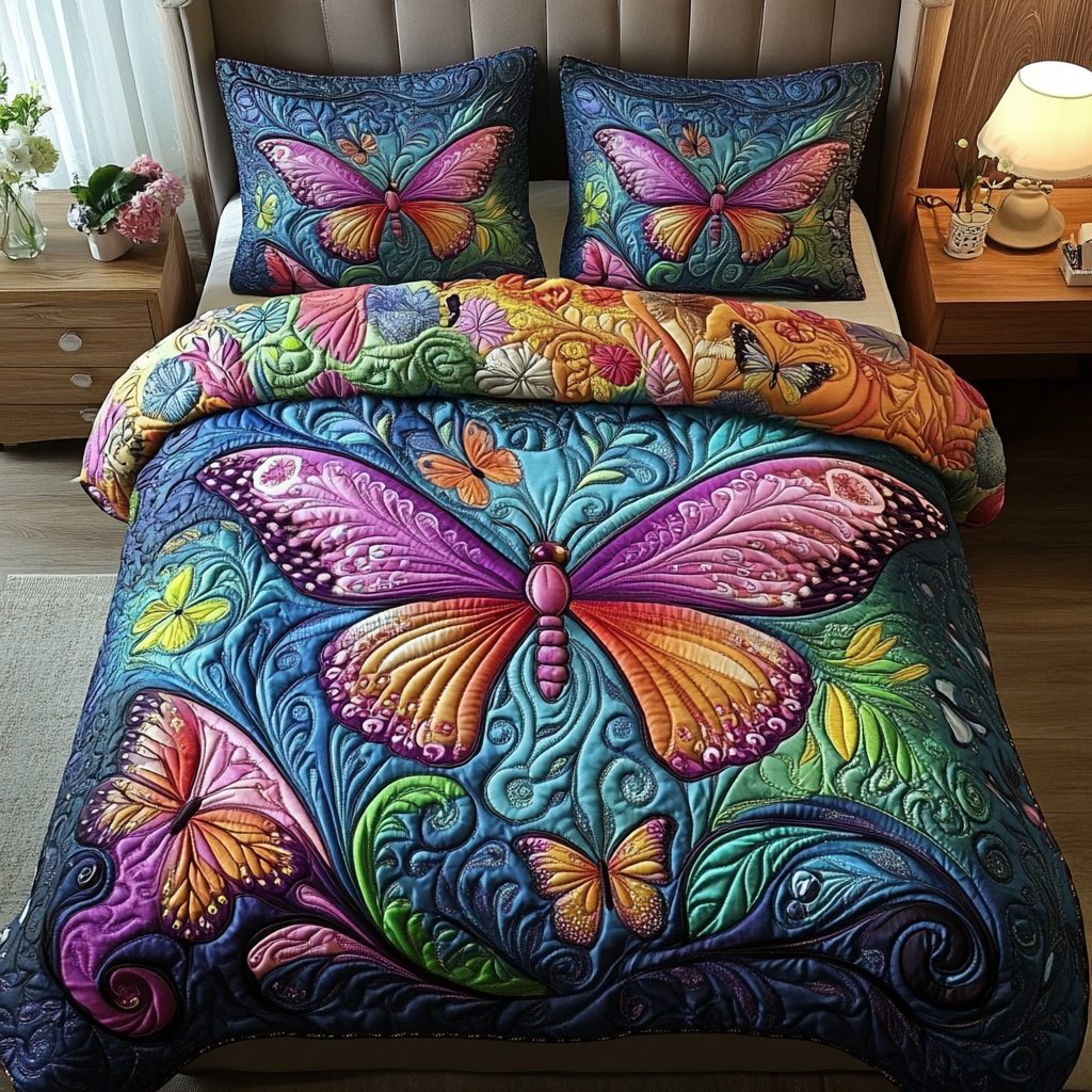 Dreamy Flutter quilted 3-piece bedding set on a made bed with two matching pillow shams