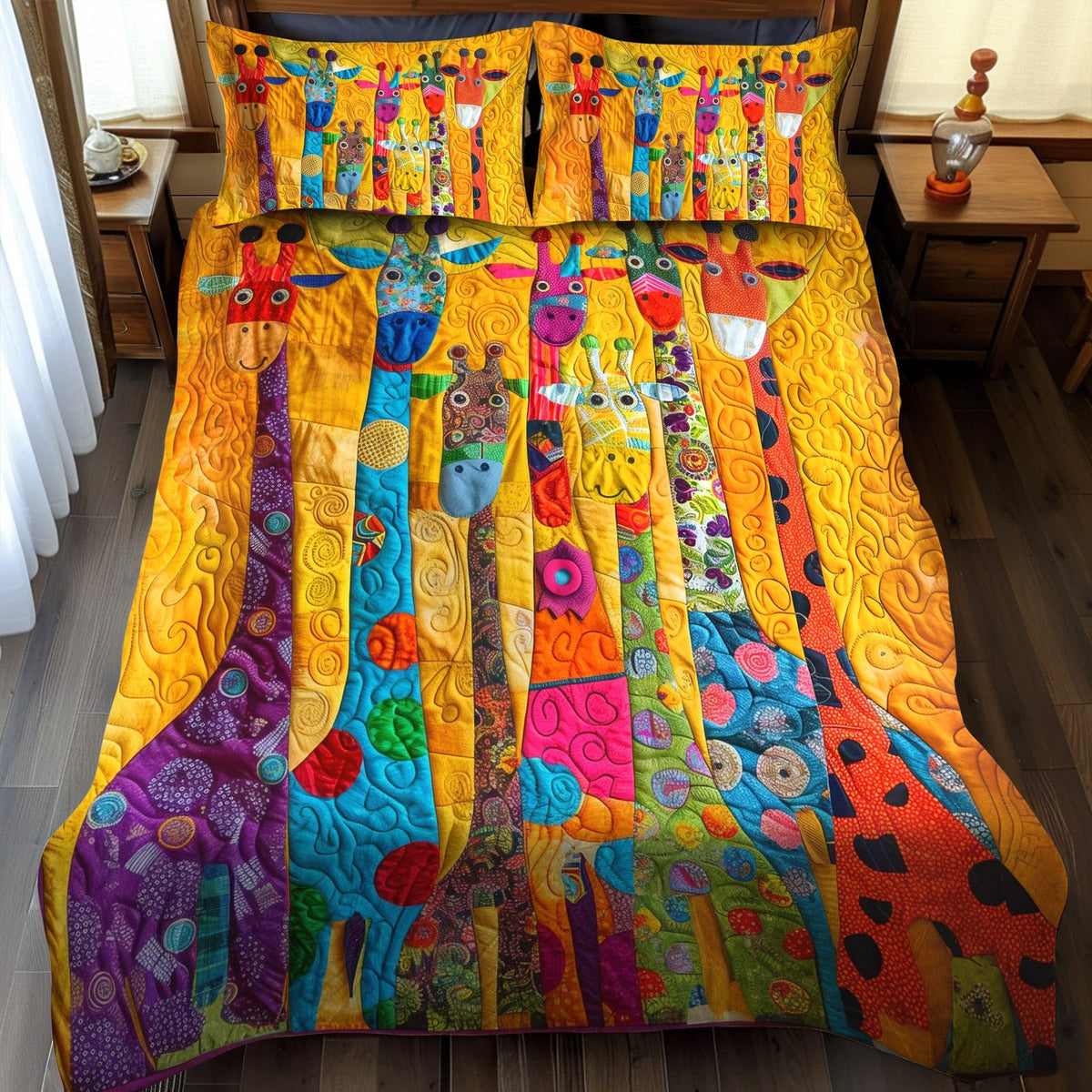 Dreamy Giraffe quilted 3-piece bedding set on a made bed with two matching pillow shams
